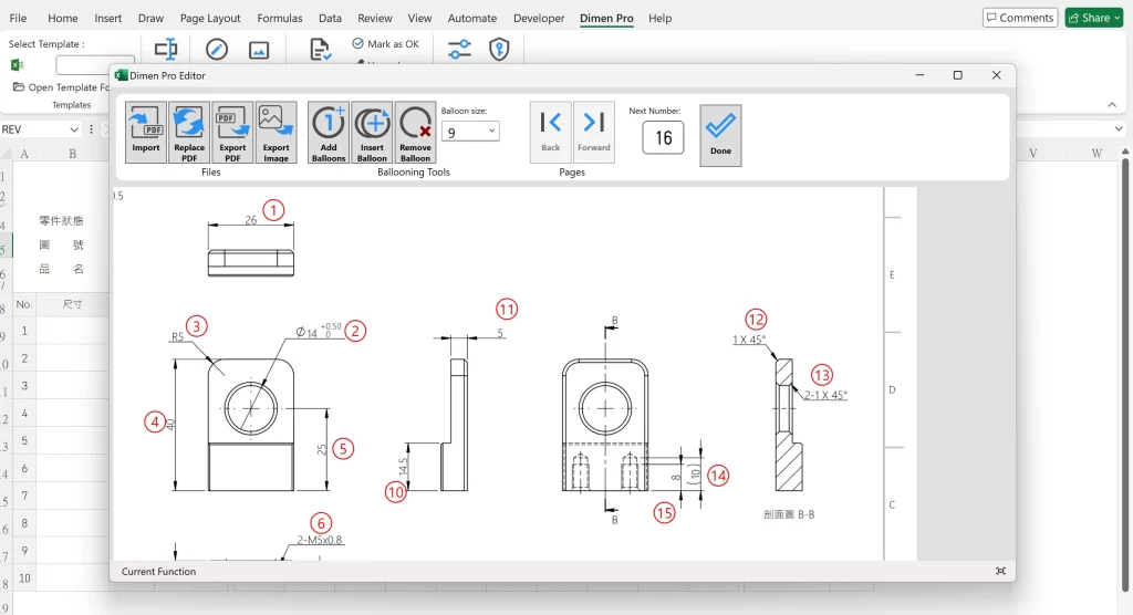 ballooning drawin in excel - using dimen pro