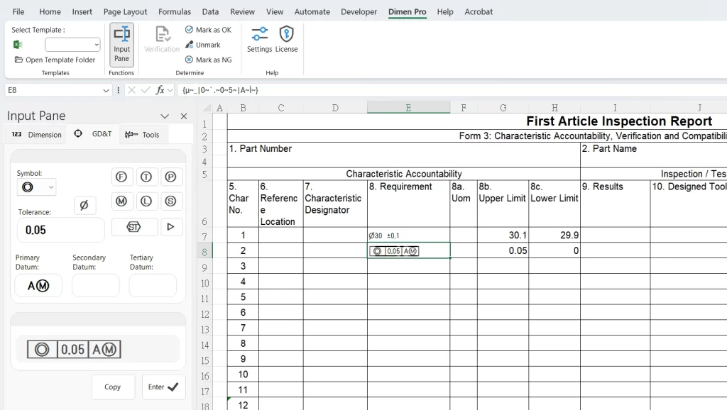 using dimen pro's input pane to enter gd&t symbols right in excel