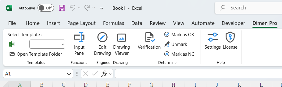 Dimensional inspection Software show in Excel ribbon